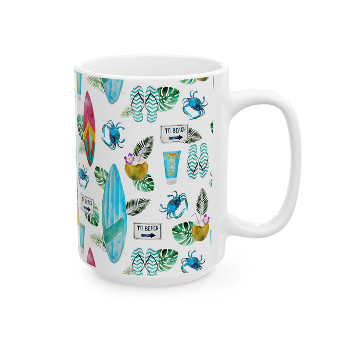 Beach Coffee Mug Flip Flops, Sunblock, Surfboard Ceramic Cup Dishwasher Safe