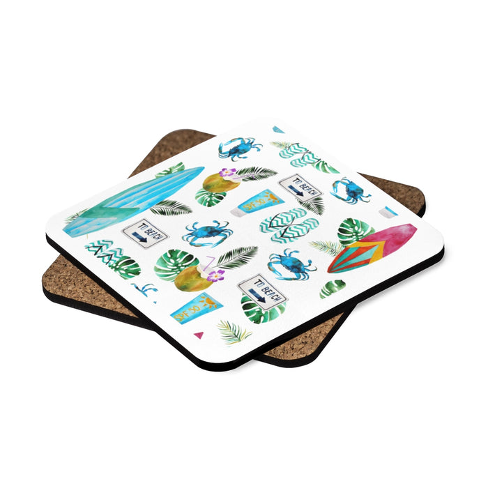 Beach Drinks Square Hardboard Coaster Set - 4pcs, Beach Home Decor