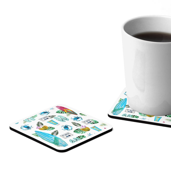 Beach Drinks Square Hardboard Coaster Set - 4pcs, Beach Home Decor