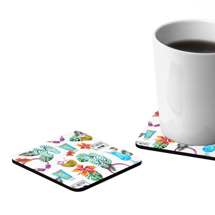 Beach Drinks Square Hardboard Coaster Set - 4pcs, Beach Home Decor