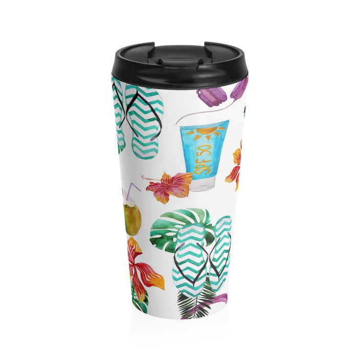 Beach Flip Flops and Tropical Drinks Stainless Steel Travel Mug 15 oz