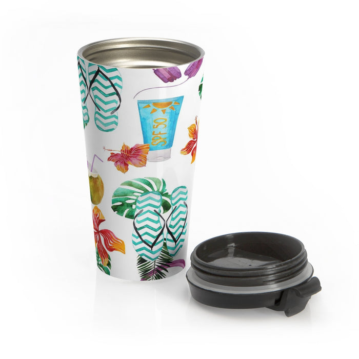 Beach Flip Flops and Tropical Drinks Stainless Steel Travel Mug 15 oz