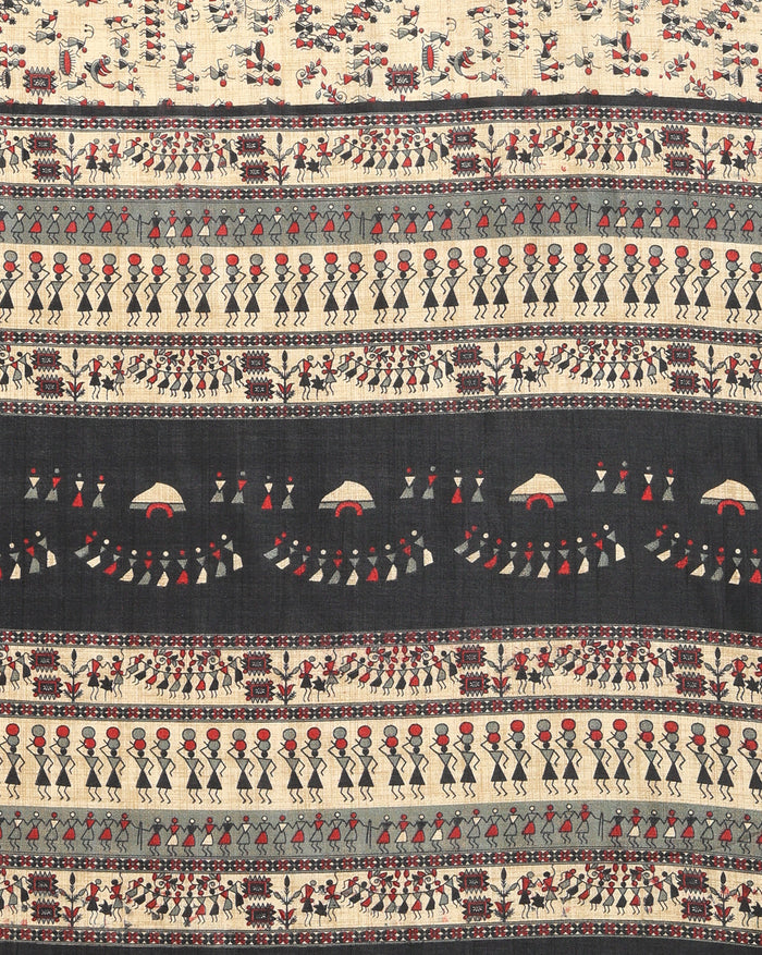 Indiehaat | Kashmiri Silk Printed Saree Beige & Black