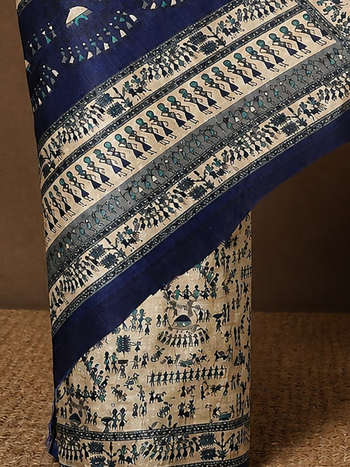 Indiehaat | Kashmiri Silk Printed Saree Beige & Navy Blue