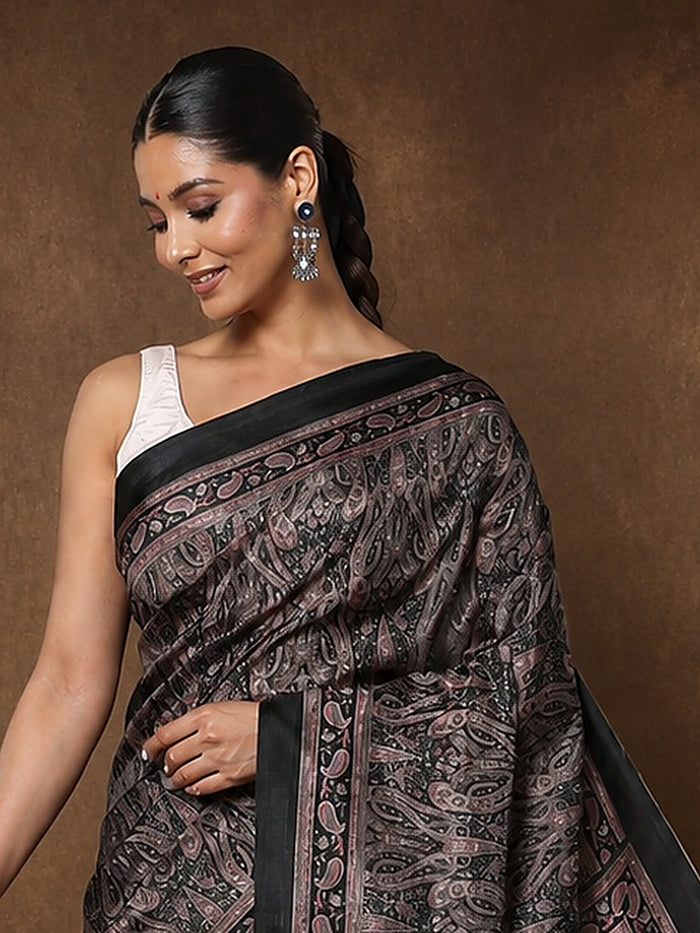 Indiehaat | Kashmiri Silk Printed Saree Black & Charcoal