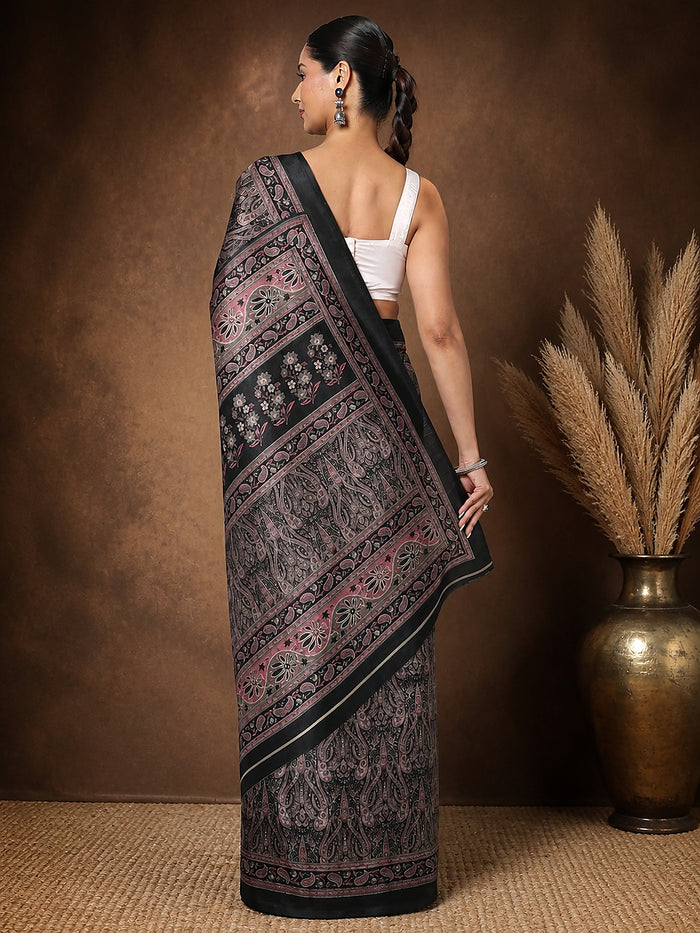 Indiehaat | Kashmiri Silk Printed Saree Black & Charcoal