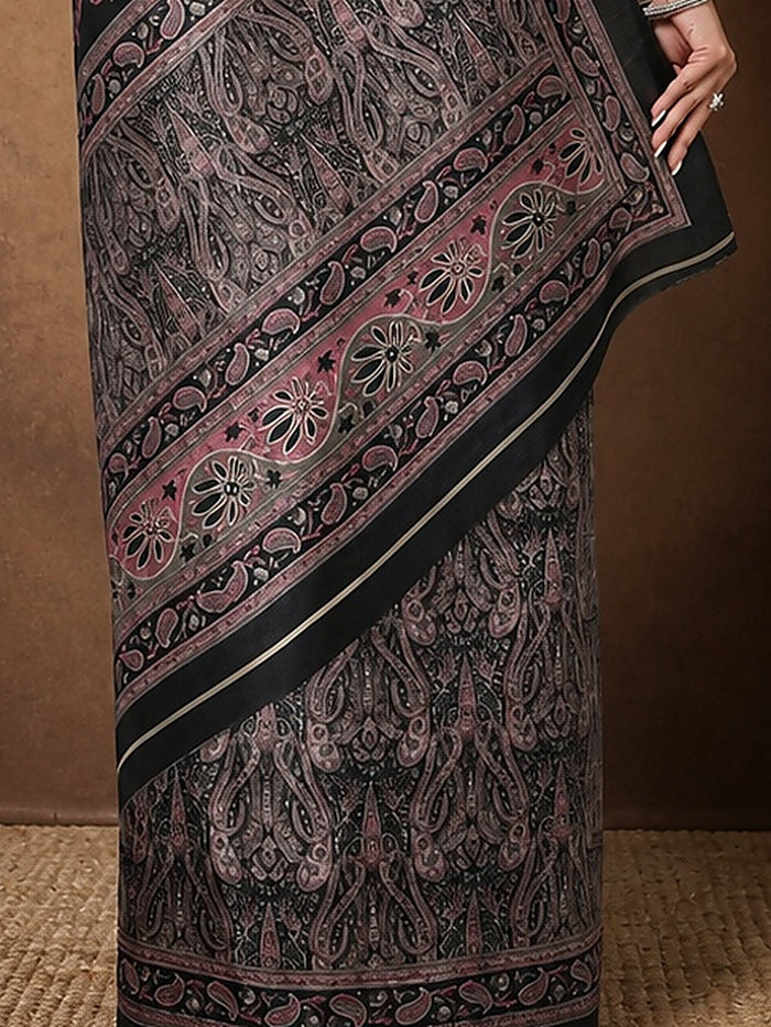 Indiehaat | Kashmiri Silk Printed Saree Black & Charcoal