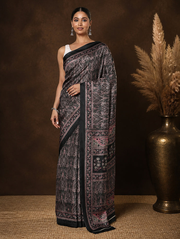 Indiehaat | Kashmiri Silk Printed Saree Black & Charcoal