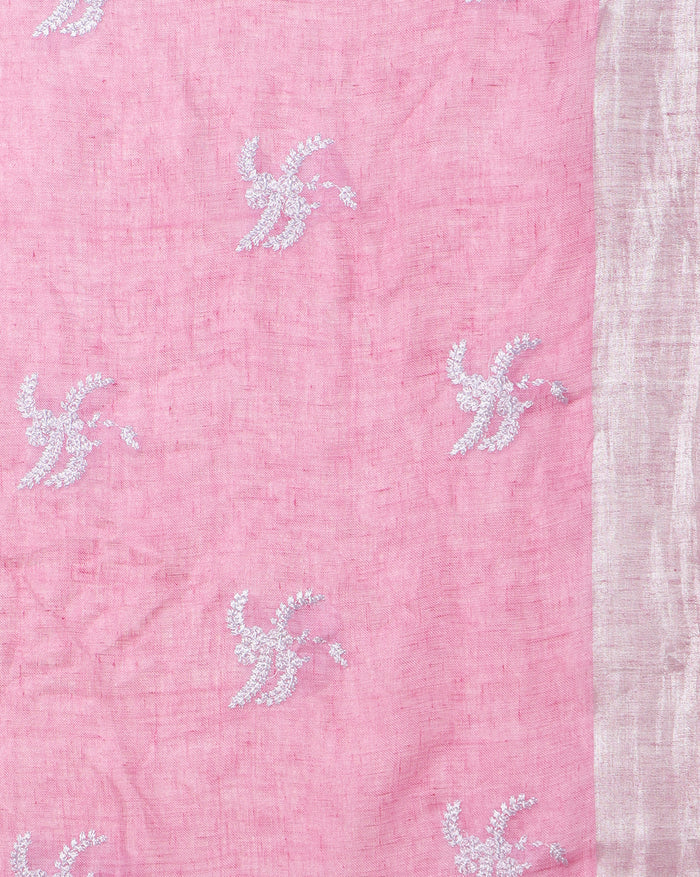 Pure Linen Embroidered Handloom Pink Saree  Saree with Running Blouse Handcrafted-Indiehaat