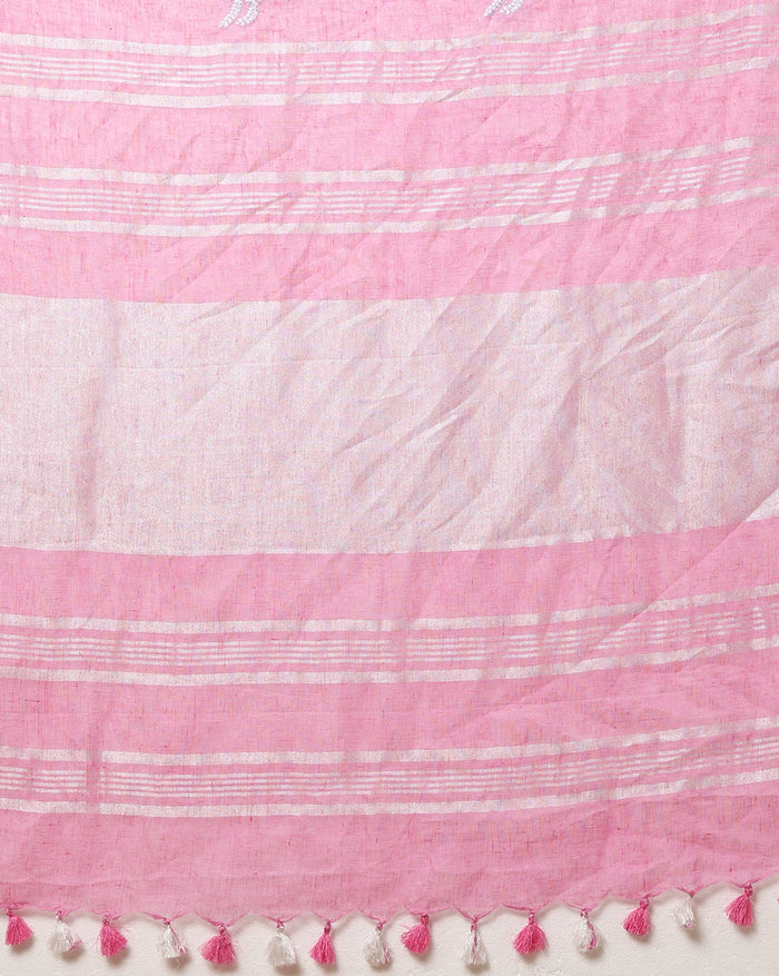 Pure Linen Embroidered Handloom Pink Saree  Saree with Running Blouse Handcrafted-Indiehaat