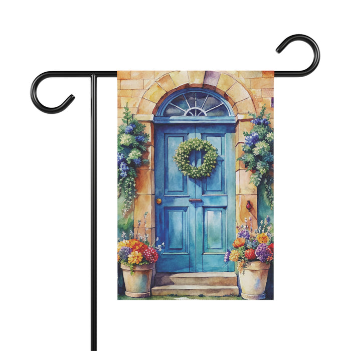 Blue Cottage Door Garden Flag Floral Wreath Porch Banner Spring Yard Decor