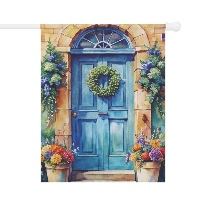 Blue Cottage Door Garden Flag Floral Wreath Porch Banner Spring Yard Decor
