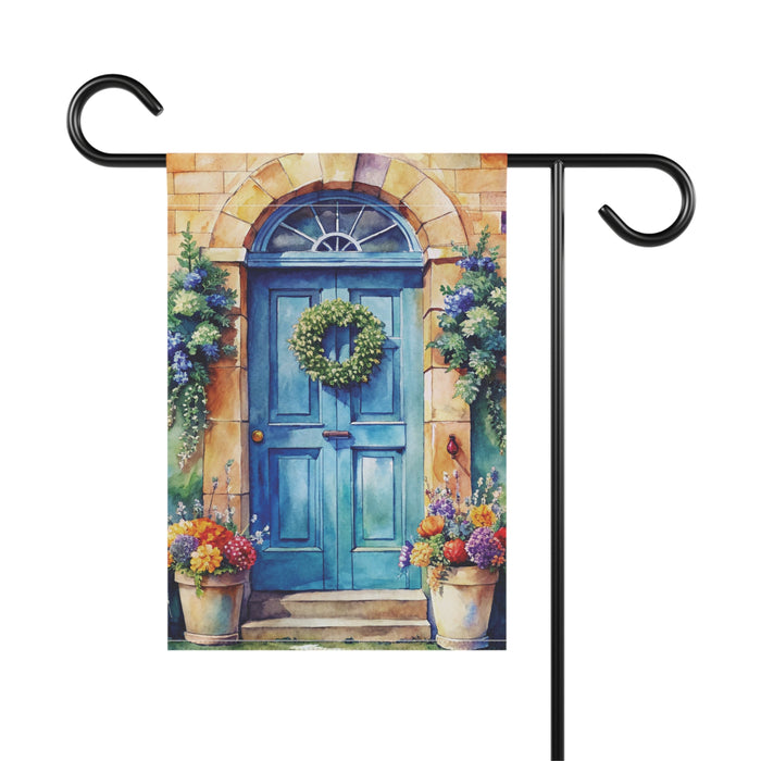Blue Cottage Door Garden Flag Floral Wreath Porch Banner Spring Yard Decor
