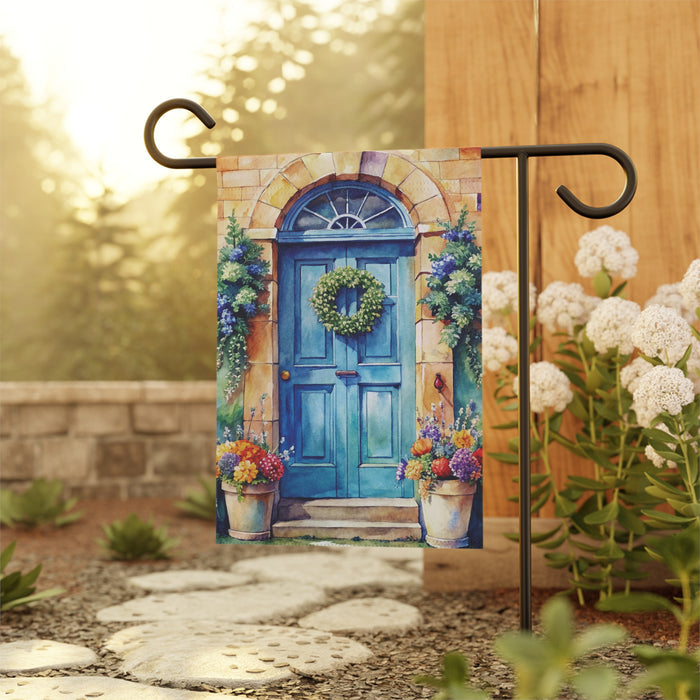 Blue Cottage Door Garden Flag Floral Wreath Porch Banner Spring Yard Decor