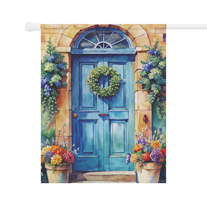 Blue Cottage Door Garden Flag Floral Wreath Porch Banner Spring Yard Decor