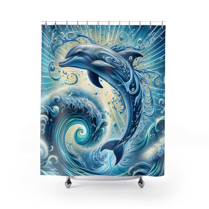 Blue Dolphin Shower Curtain | Coastal Ocean Wave Beach Bathroom Decor Art
