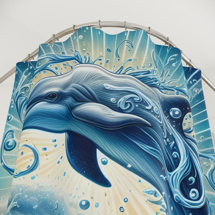 Blue Dolphin Shower Curtain | Coastal Ocean Wave Beach Bathroom Decor Art