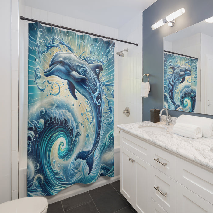 Blue Dolphin Shower Curtain | Coastal Ocean Wave Beach Bathroom Decor Art