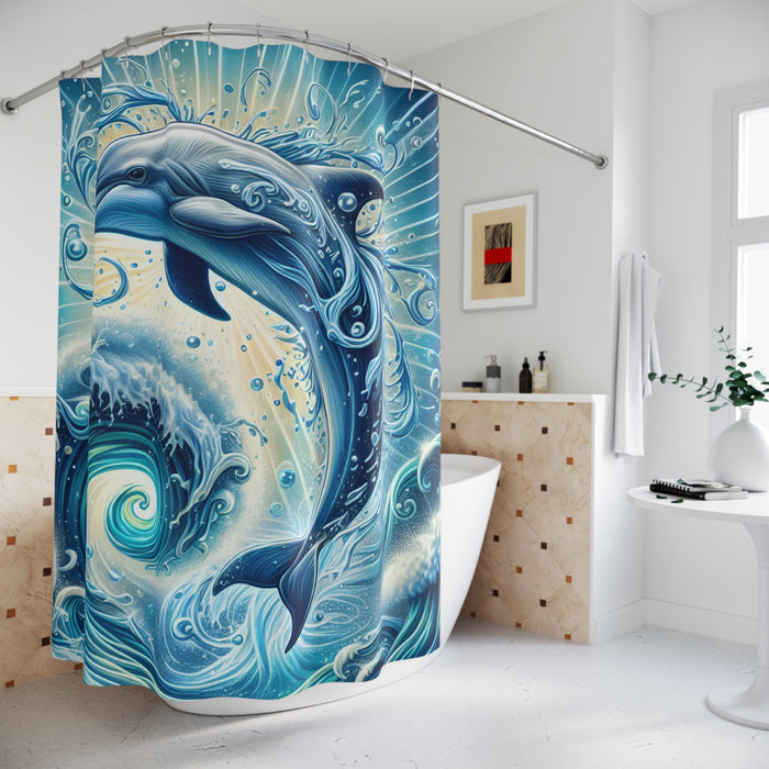 Blue Dolphin Shower Curtain | Coastal Ocean Wave Beach Bathroom Decor Art