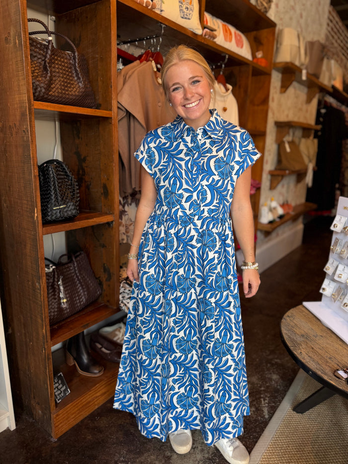 Blue Floral Print Partial Button Front Midi Dress