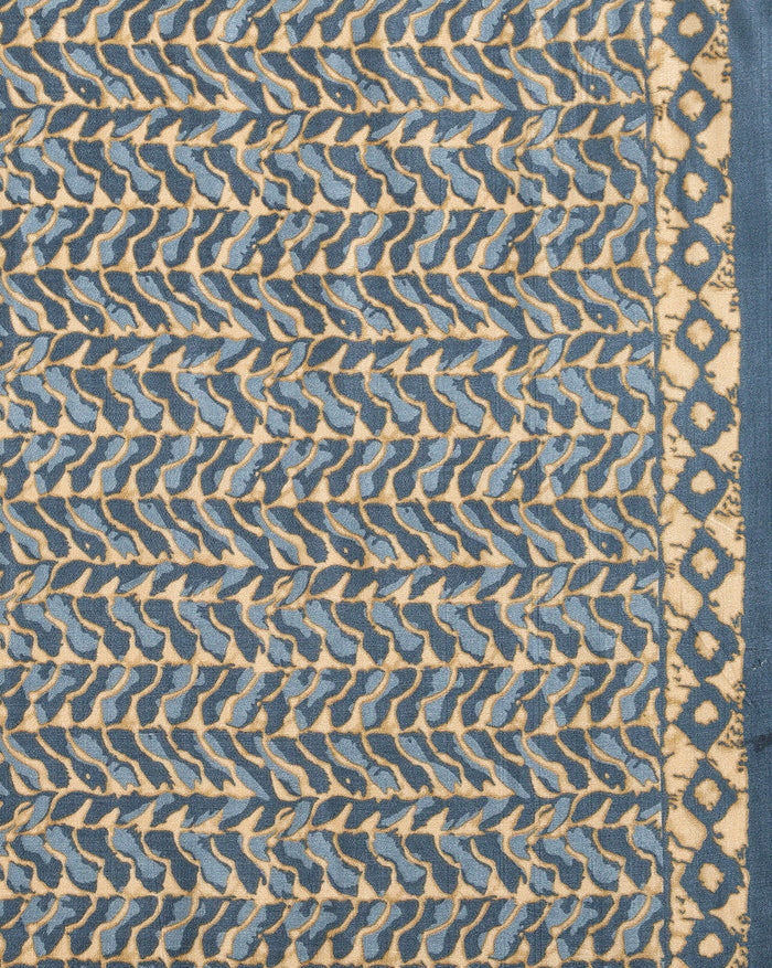 Indiehaat | Kashmiri Silk Printed Saree Dark Blue & Tan
