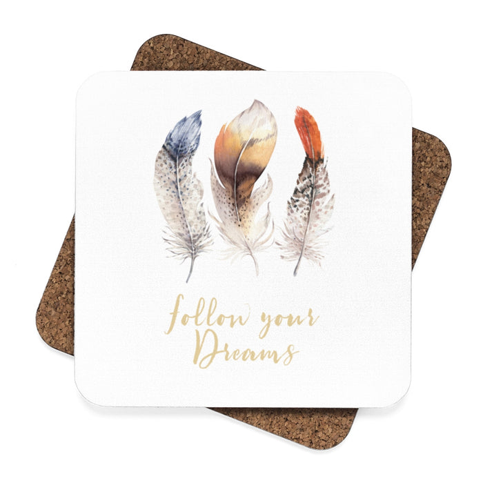 BoHo Feather Follow Your Dreams Square Hardboard Drink Coaster Set - 4pcs