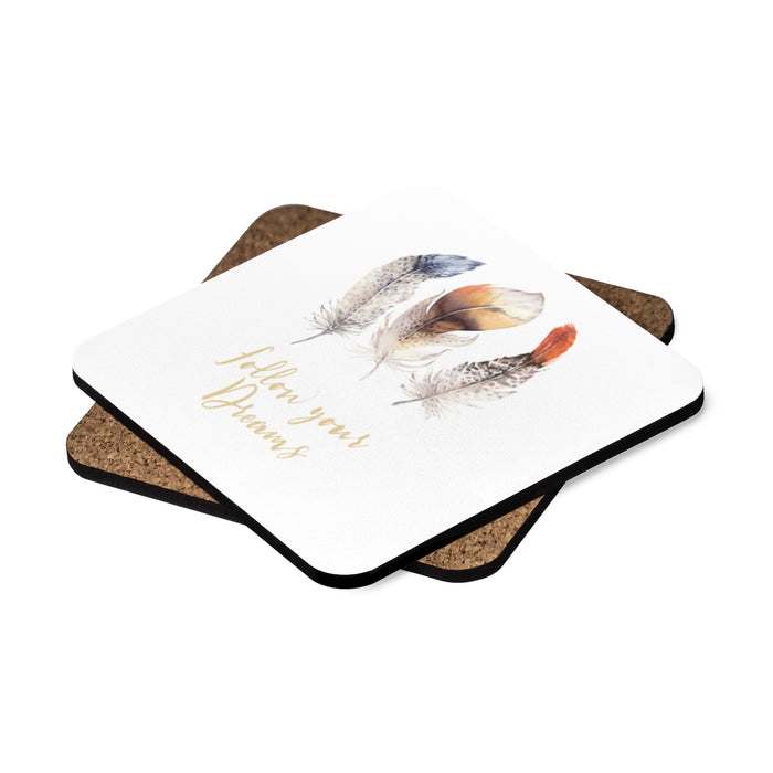 BoHo Feather Follow Your Dreams Square Hardboard Drink Coaster Set - 4pcs