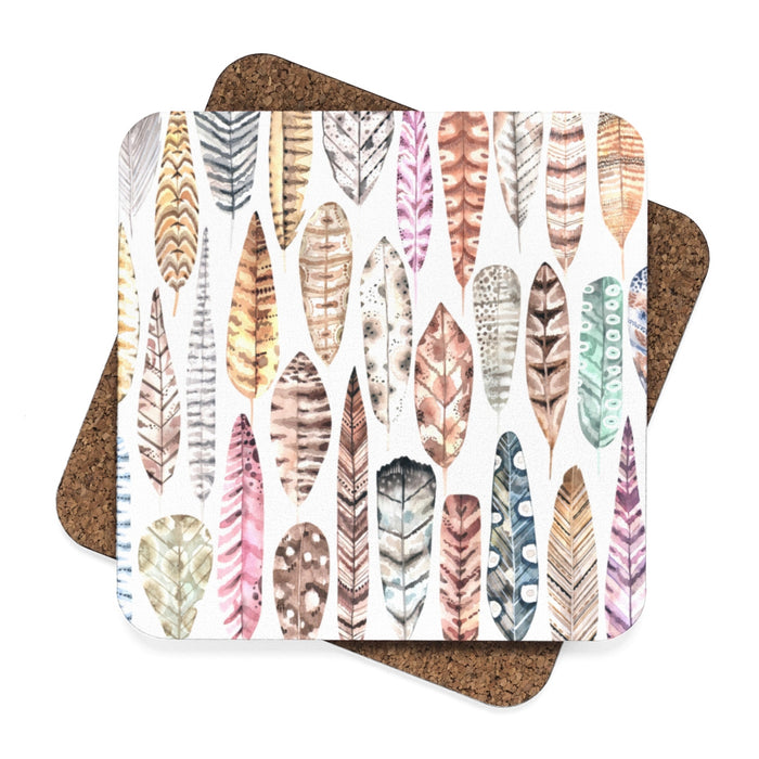 BoHo Feathers Square Hardboard Drink Coasters Set of 4