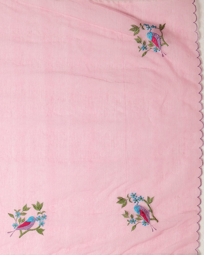 Bold Kota Doria Cotton Bird Embroidery Pink Saree Handdyed