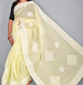 Organdy Cotton Saree Applique work Light Yellow Colour with running blouse-Indiehaat