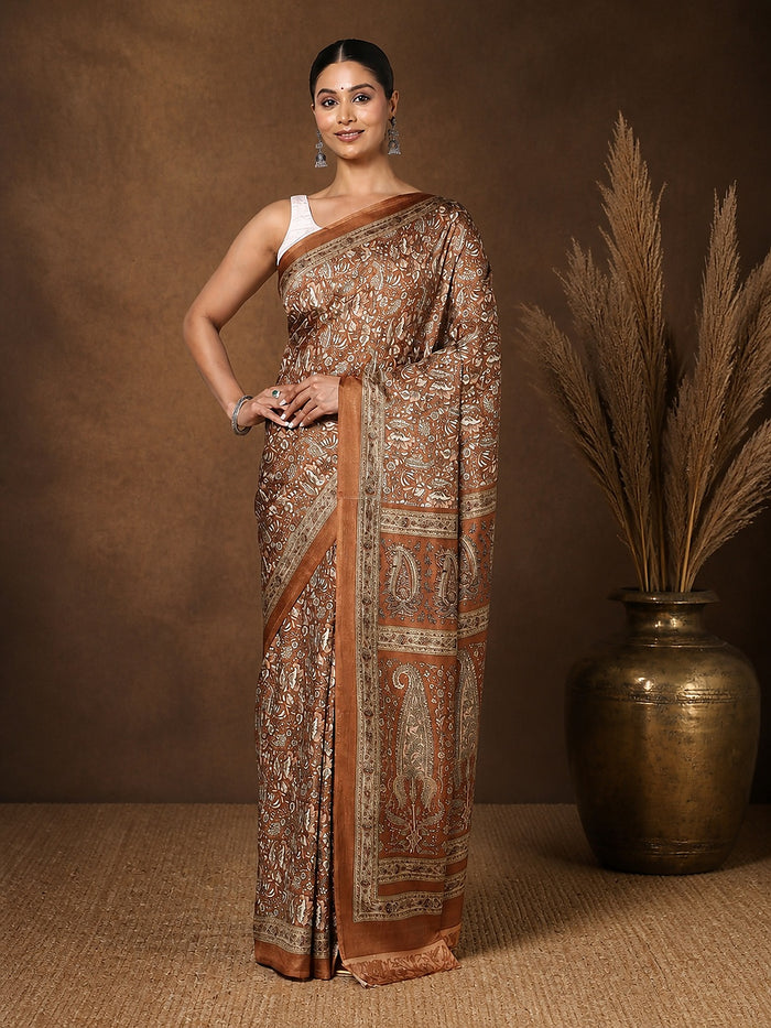 Indiehaat | Kashmiri Silk Printed Saree Brown & Bronze