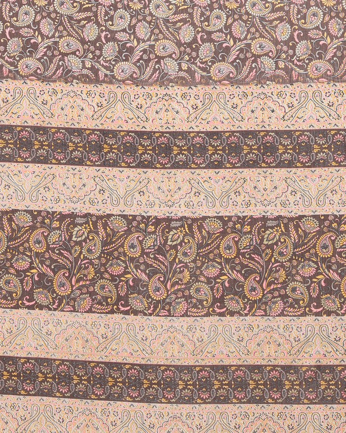 Indiehaat | Kashmiri Silk Printed Saree Dark Brown & Cream