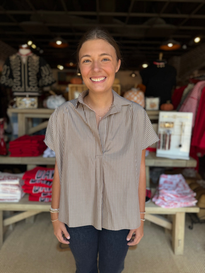 Brown Stripe V-Neck Signature Top