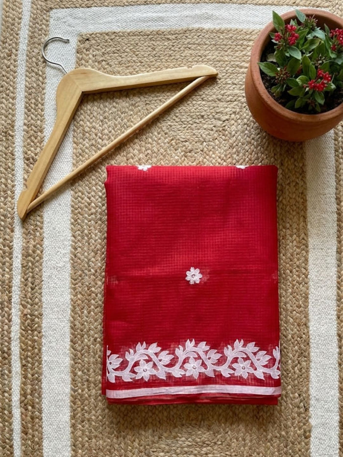 Indiehaat | Noil Kota Cotton Embroidery Saree Red