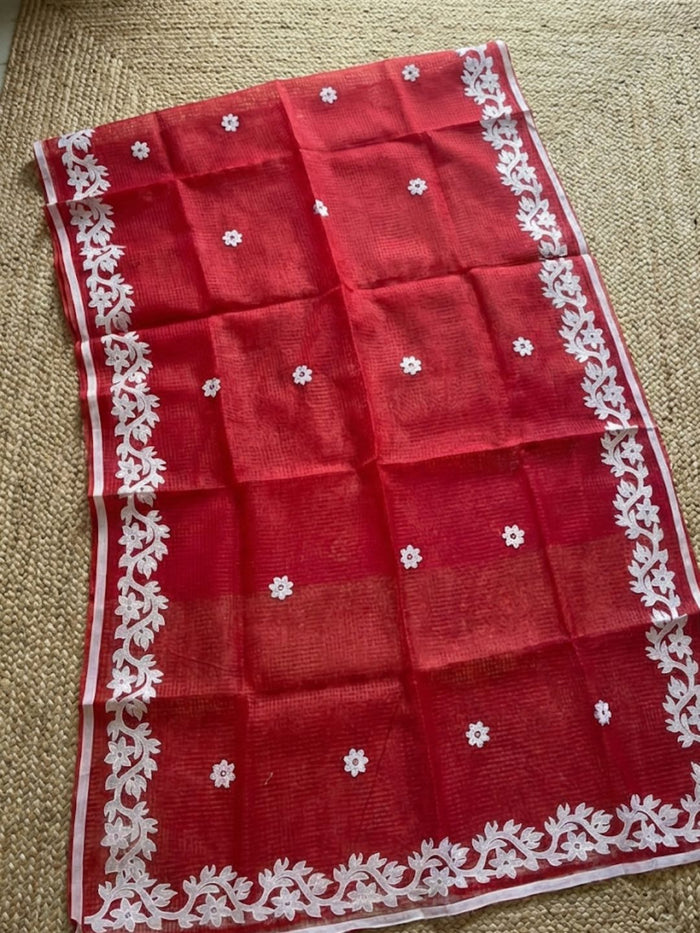 Indiehaat | Noil Kota Cotton Embroidery Saree Red