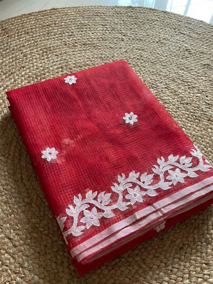 Indiehaat | Noil Kota Cotton Embroidery Saree Red