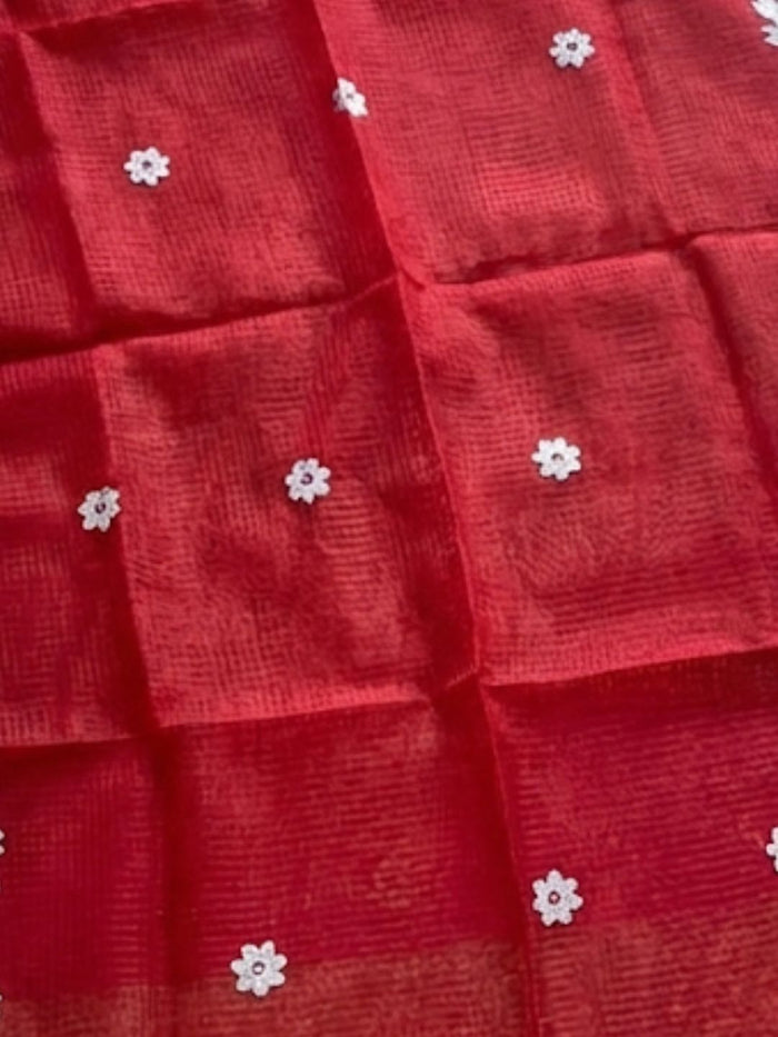 Indiehaat | Noil Kota Cotton Embroidery Saree Red
