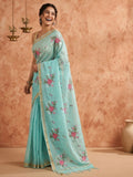 Indiehaat | Hand Dyed Kota Silk Embroidery Saree Blue