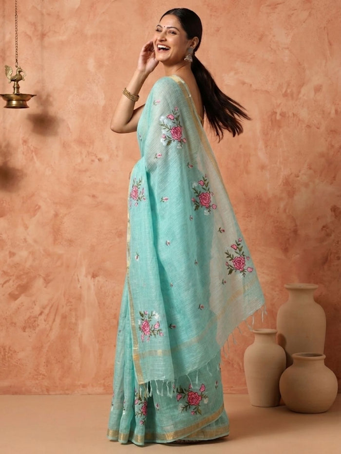 Indiehaat | Hand Dyed Kota Silk Embroidery Saree Blue