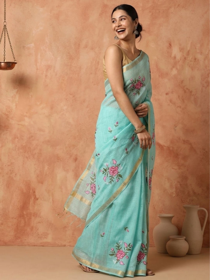 Indiehaat | Hand Dyed Kota Silk Embroidery Saree Blue