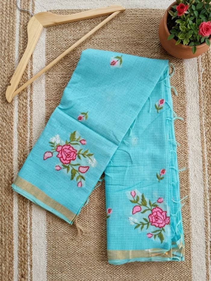 Indiehaat | Hand Dyed Kota Silk Embroidery Saree Blue