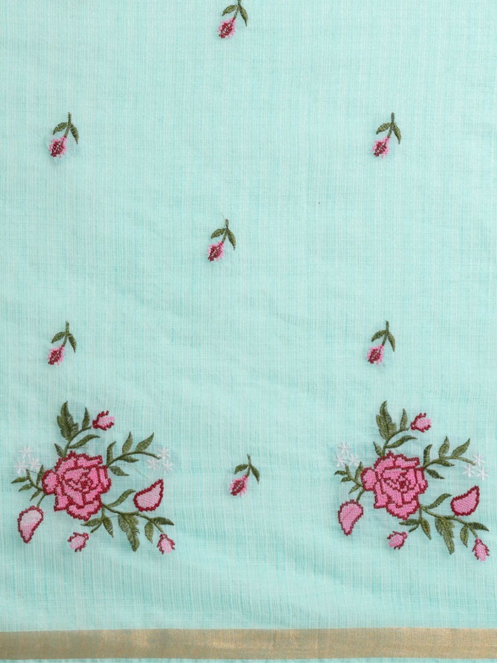 Indiehaat | Hand Dyed Kota Silk Embroidery Saree Blue