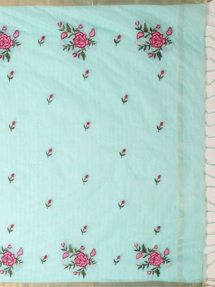Indiehaat | Hand Dyed Kota Silk Embroidery Saree Blue