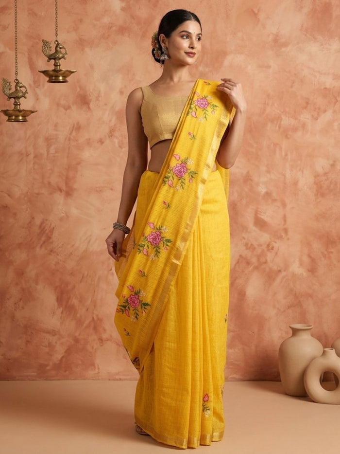 Indiehaat | Hand Dyed Kota Silk Embroidery Saree Yellow