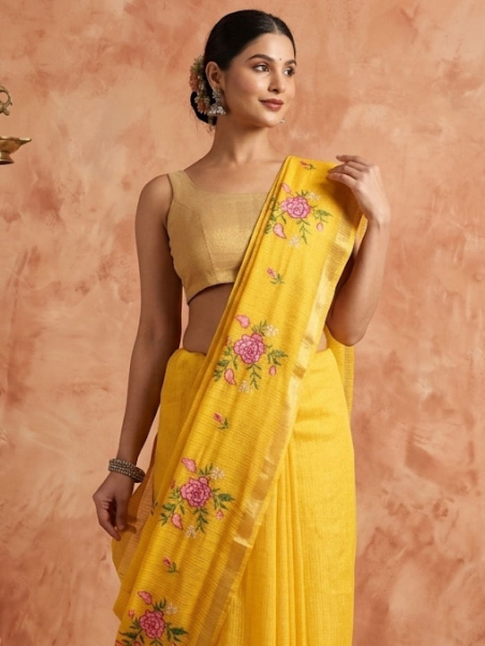 Indiehaat | Hand Dyed Kota Silk Embroidery Saree Yellow