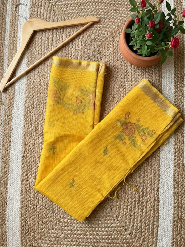 Indiehaat | Hand Dyed Kota Silk Embroidery Saree Yellow