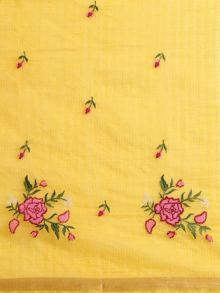 Indiehaat | Hand Dyed Kota Silk Embroidery Saree Yellow