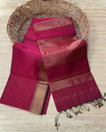 Burgundy handloom Maheshwari silk saree with allover checks and a golden zari border and pallu