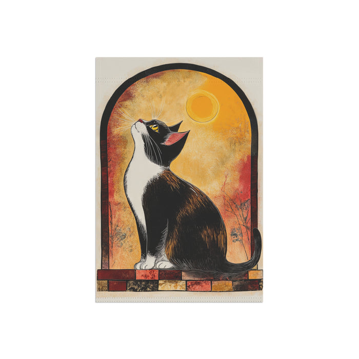 Artistic depiction of a cat with a stylized sun and arch in the background