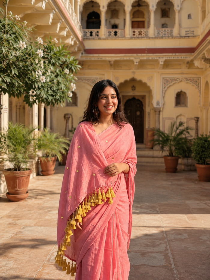 Indiehaat | Rose Pink Pure Mul Cotton Sequin Saree